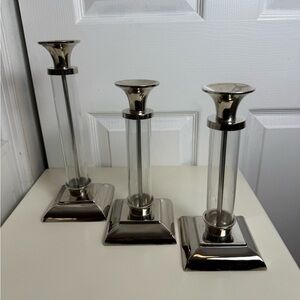 Pottery Barn Amelia Glass & Chrome Candlestick Holder Set of 3 Candle Holders